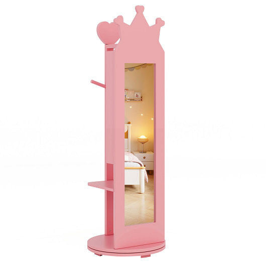 Free-Standing Full Length Mirror Kids Jewelry Armoire Cabinet-Pink-0