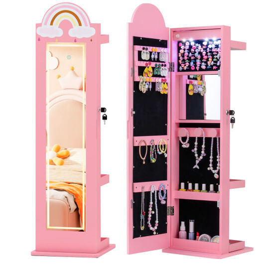 3 In 1 Kids Jewelry Cabinet Freestanding Jewelry Armoire with 3-Color Lighted Mirror-White-0