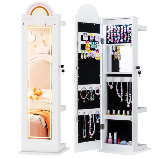 3 In 1 Kids Jewelry Cabinet Freestanding Jewelry Armoire with 3-Color Lighted Mirror-White-1