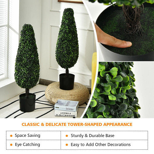 2 Pack 3 Feet Artificial Tower UV Resistant Indoor Outdoor Topiary Tree-3
