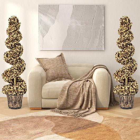 4 FT Artificial Topiary Spiral Tree Set of 2 with Vintage Plastic Nursery Pot-Gold-1