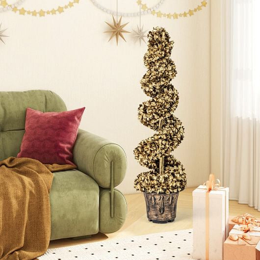 4 FT Artificial Topiary Spiral Tree Set of 2 with Vintage Plastic Nursery Pot-Gold-2