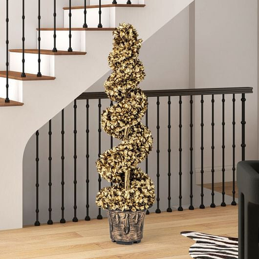 4 FT Artificial Topiary Spiral Tree Set of 2 with Vintage Plastic Nursery Pot-Gold-3