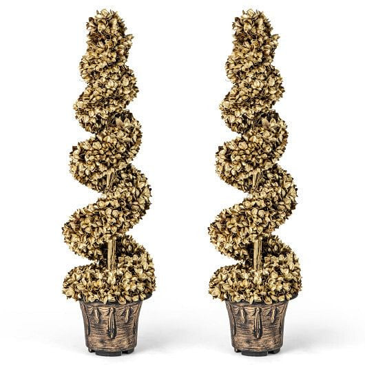 4 FT Artificial Topiary Spiral Tree Set of 2 with Vintage Plastic Nursery Pot-Gold-4