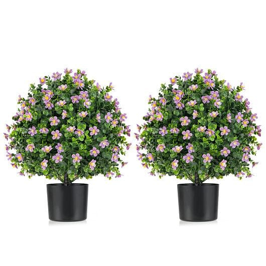 2 Pack Artificial Boxwood Topiary Ball Tree Faux Shrub Bushes with Flowers-Purple-4