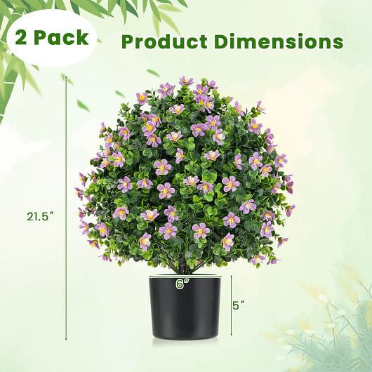 2 Pack Artificial Boxwood Topiary Ball Tree Faux Shrub Bushes with Flowers-Purple-7