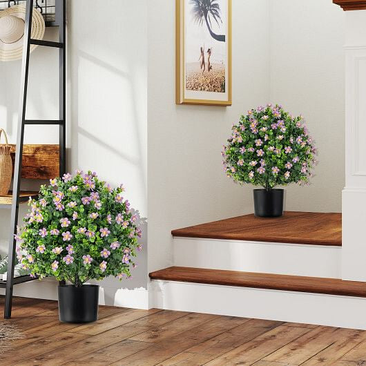 2 Pack Artificial Boxwood Topiary Ball Tree Faux Shrub Bushes with Flowers-Purple-8