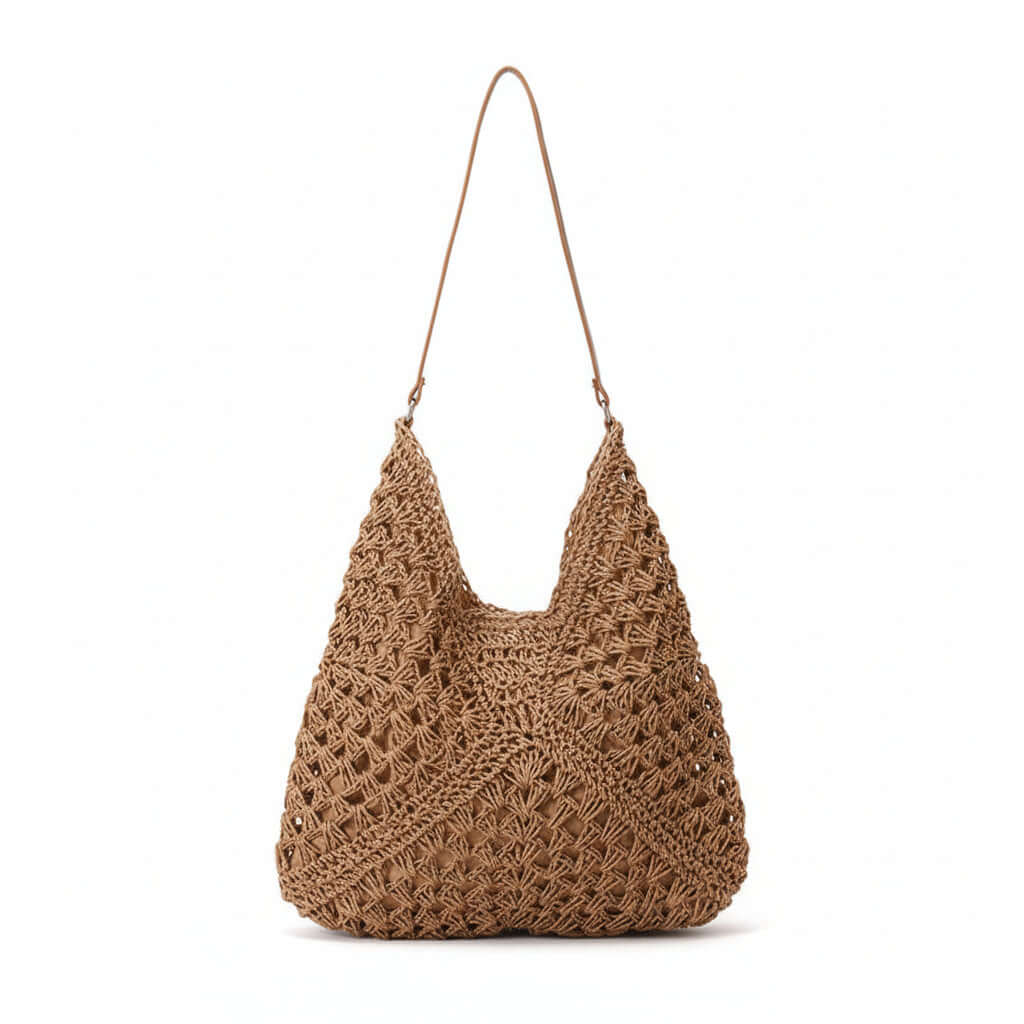Handmade Crochet Beach Bag Large Capacity Hollow Out Shoulder Tote Bohemian Woven Triangle Bag for Vacation &amp; Travel-0