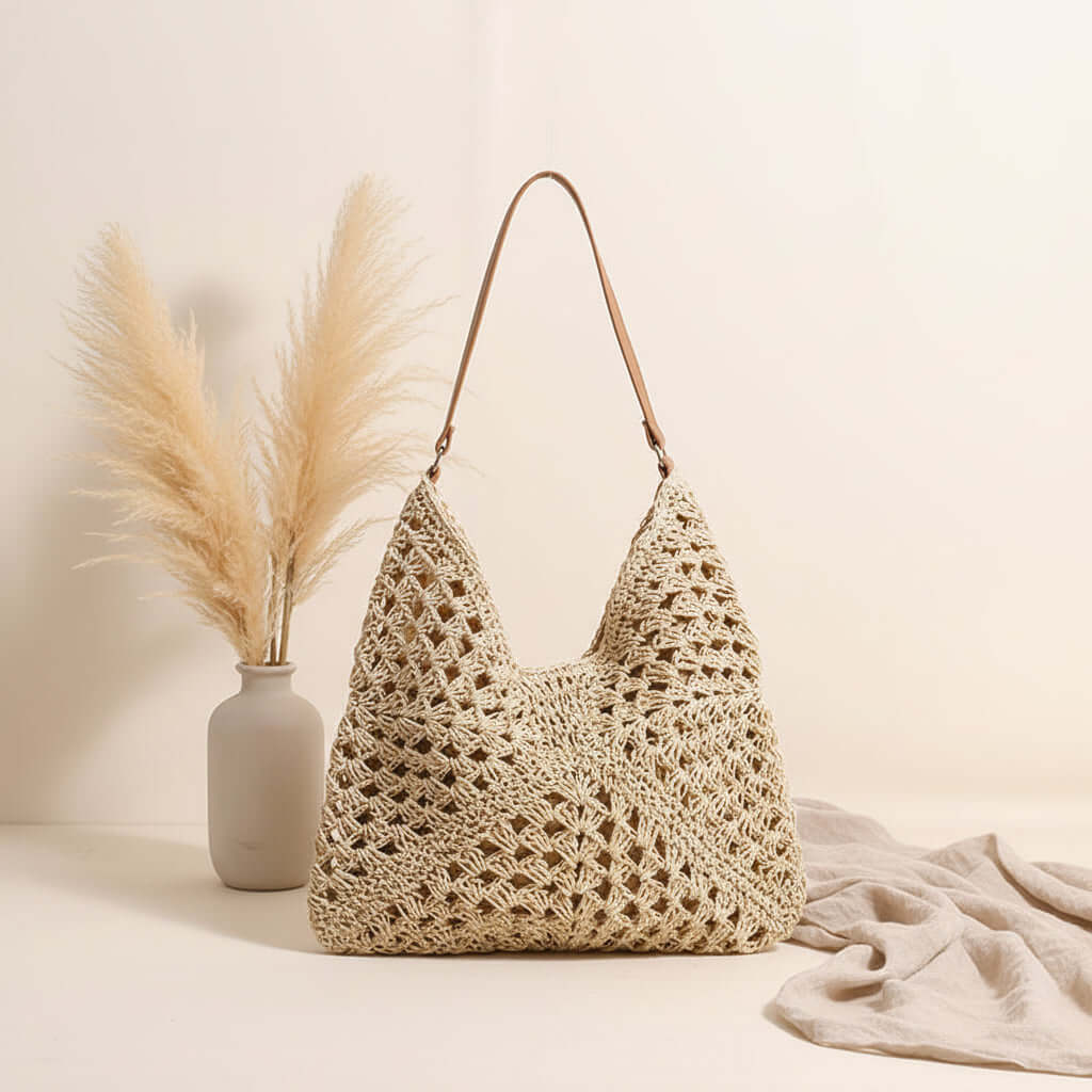 Handmade Crochet Beach Bag Large Capacity Hollow Out Shoulder Tote Bohemian Woven Triangle Bag for Vacation &amp; Travel-1