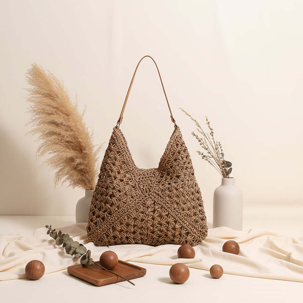 Handmade Crochet Beach Bag Large Capacity Hollow Out Shoulder Tote Bohemian Woven Triangle Bag for Vacation &amp; Travel-2