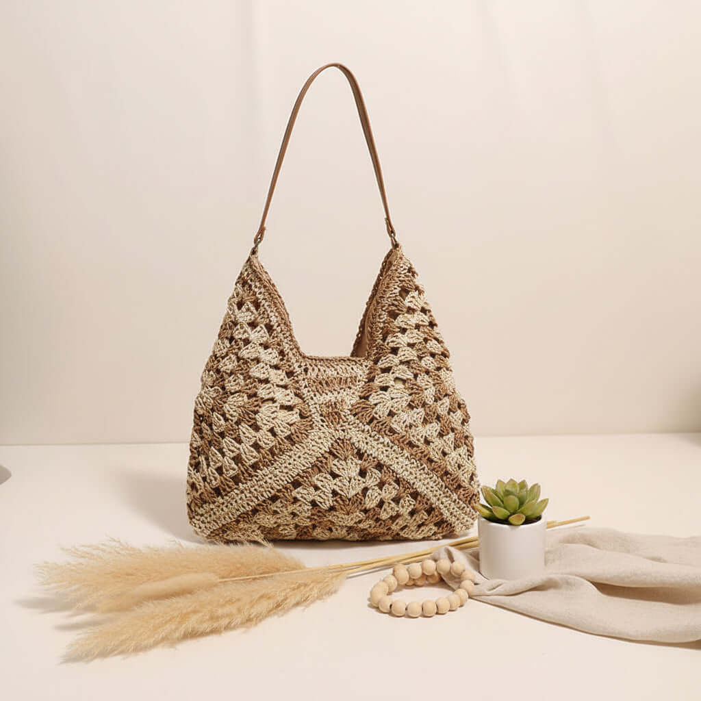 Handmade Crochet Beach Bag Large Capacity Hollow Out Shoulder Tote Bohemian Woven Triangle Bag for Vacation &amp; Travel-3