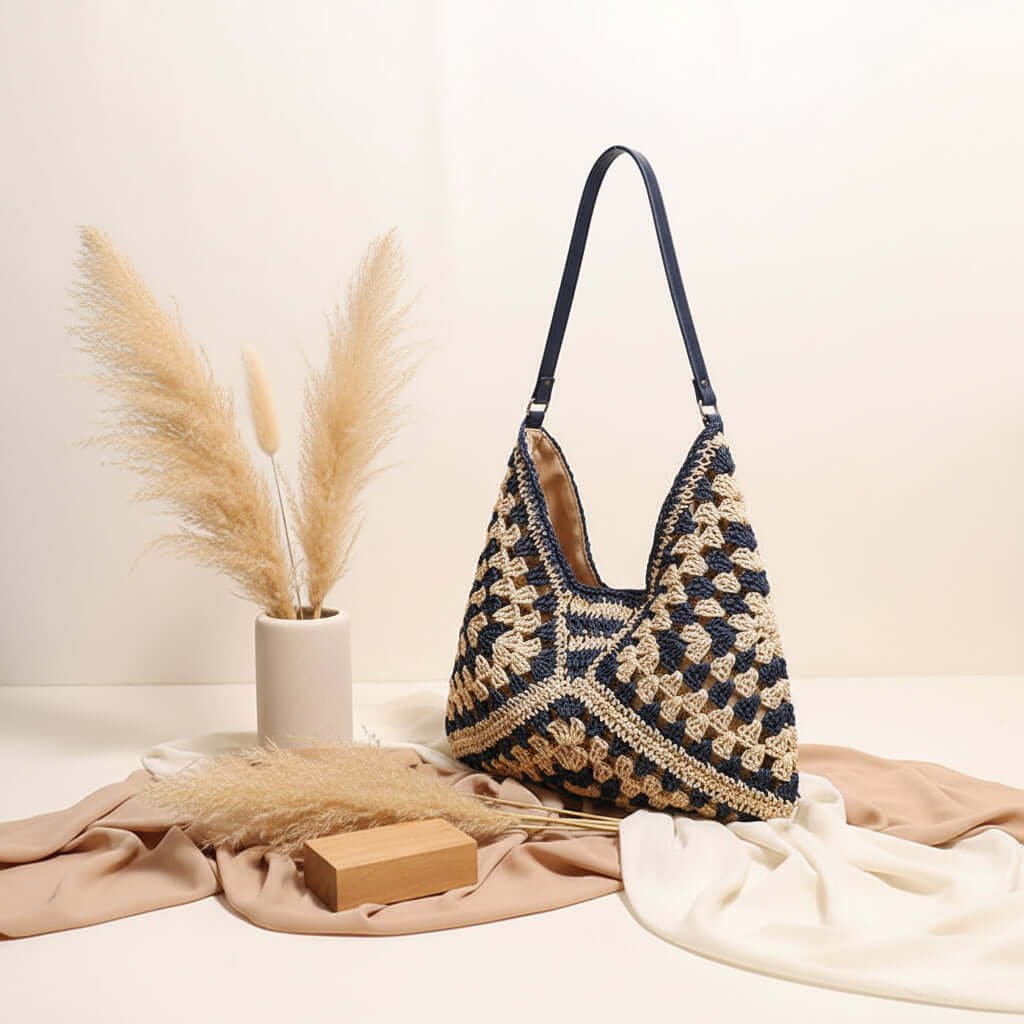 Handmade Crochet Beach Bag Large Capacity Hollow Out Shoulder Tote Bohemian Woven Triangle Bag for Vacation &amp; Travel-4