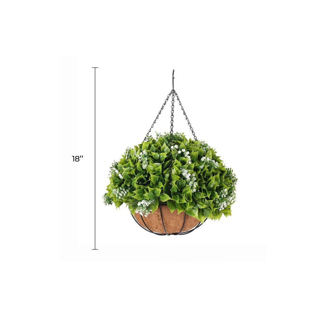 Wide Leaf Buxus Flowering Artificial Hanging Basket 18in – UV Resistant-1