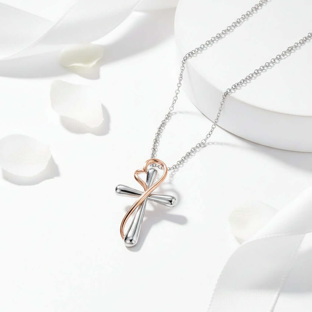 Heart Shaped Cross Necklace for Women White Gold Electroplated Jewelry-2