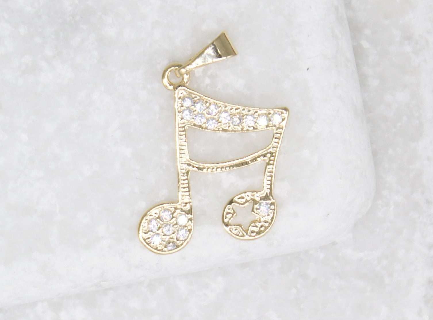 18K Gold Filled CZ Stone Double Bar Note Pendant, Music Note, Music Symbol, Jewelry Making Music Note Charm-0