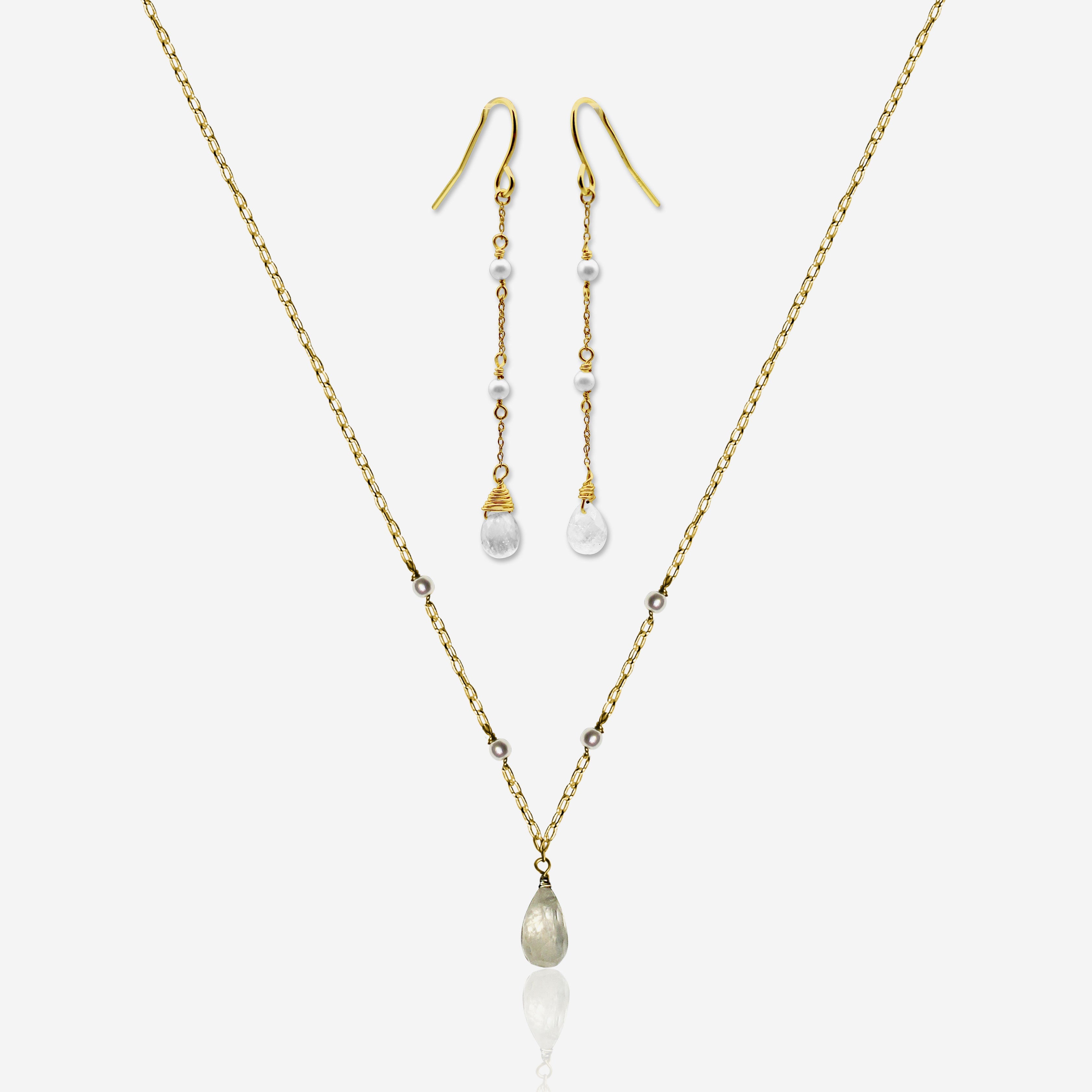 Moonstone Pearl Earrings & Necklace Set - 14K Gold Jewelry Gift-0