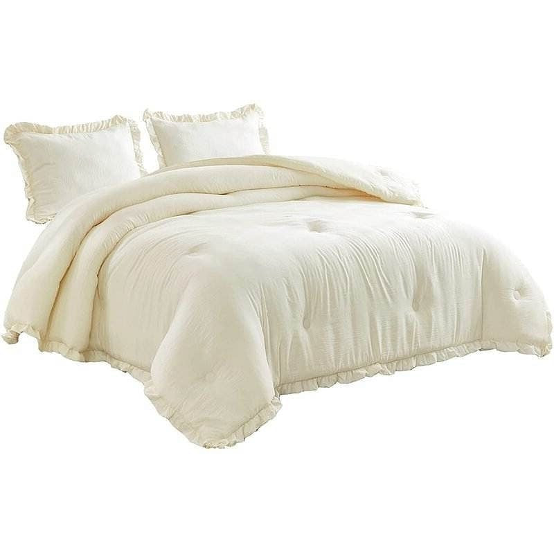 Full Size Ivory Microfiber 3-Piece Comforter Set with Ruffled Edge Trim-0