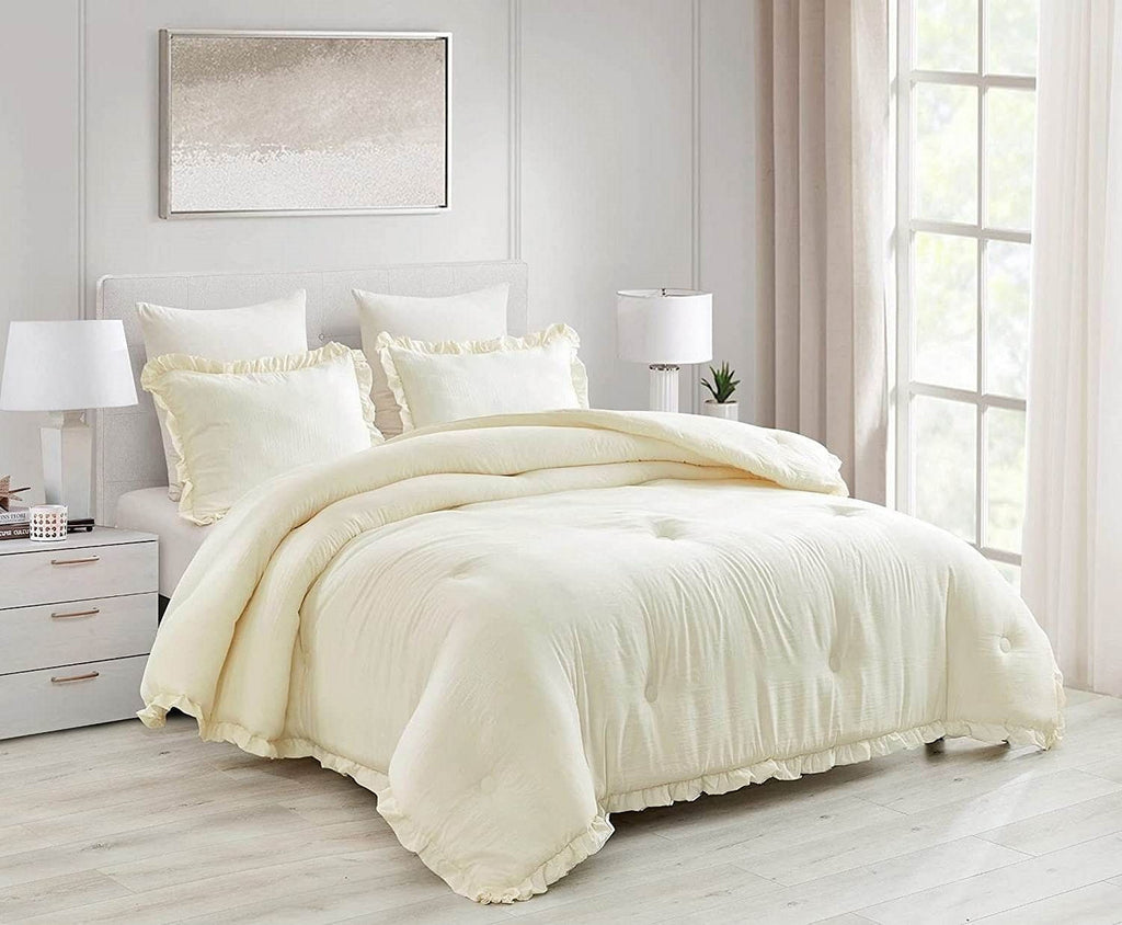 Full Size Ivory Microfiber 3-Piece Comforter Set with Ruffled Edge Trim-2