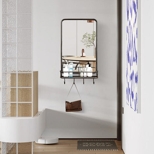 Wall Bathroom Mirror with Shelf Hooks Sturdy Metal Frame for Bedroom Living Room-1