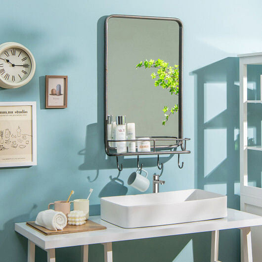 Wall Bathroom Mirror with Shelf Hooks Sturdy Metal Frame for Bedroom Living Room-2