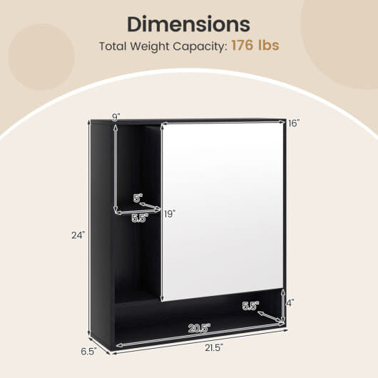 Wall Mounted  Bathroom Cabinet with Mirror Single Door-White-5
