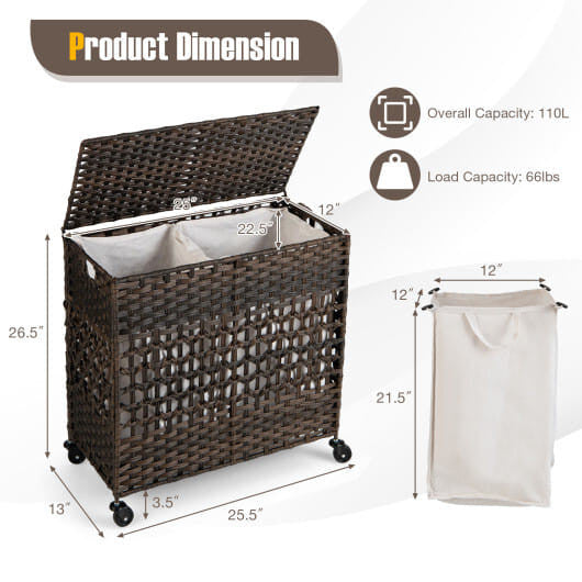 110L 2-Section Laundry Hamper with 2 Removable and Washable Liner Bags-Brown-0