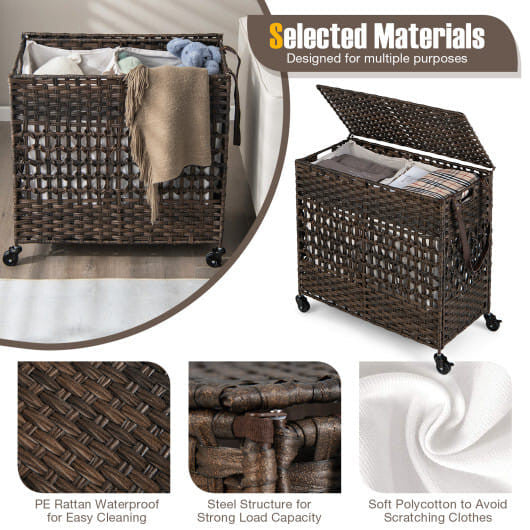 110L 2-Section Laundry Hamper with 2 Removable and Washable Liner Bags-Brown-1