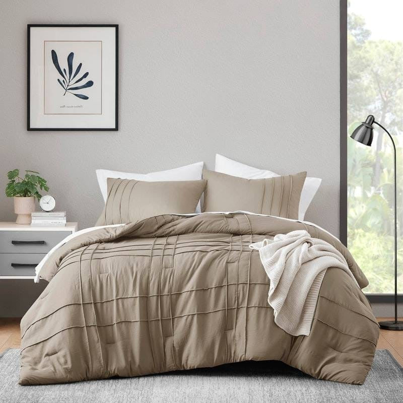 King size Microfiber Pleated Soft Lightweight Comforter Set Tan Khaki Taupe-0