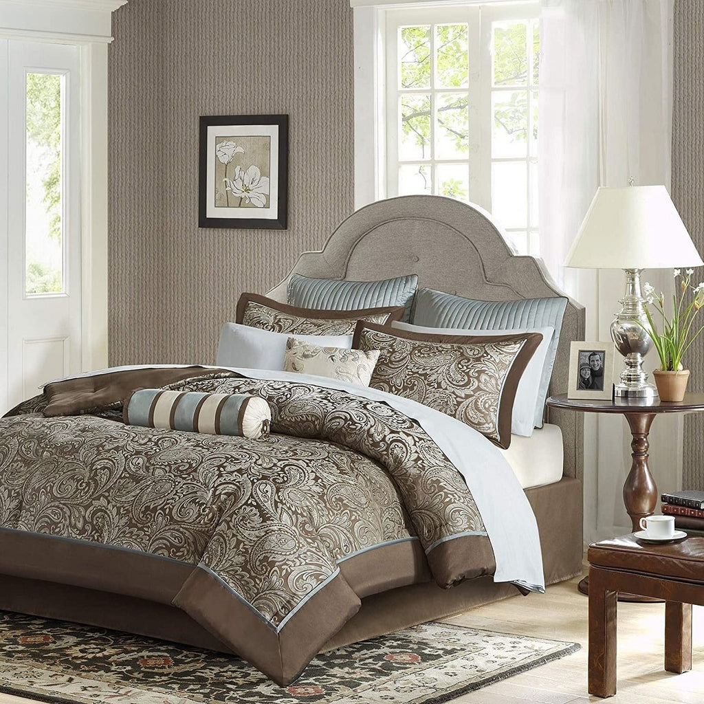 King 12 Piece Cotton Polyester Comforter Set Blue Paisley-0