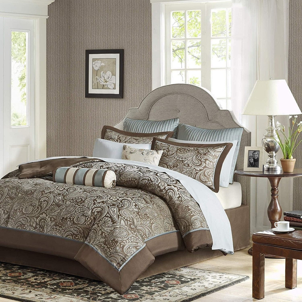 King 12 Piece Cotton Polyester Comforter Set Blue Paisley-0