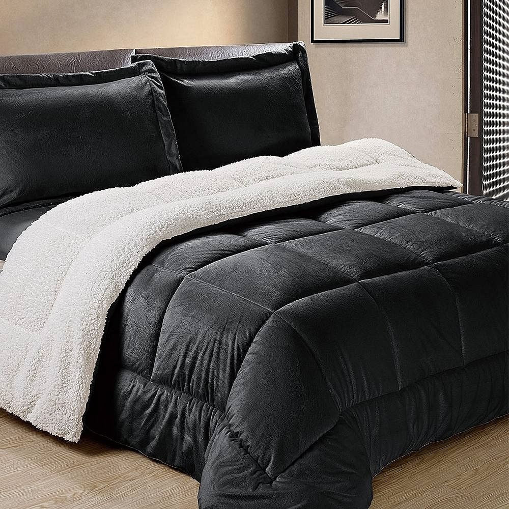 King Size 3 Piece Ultra Soft Sherpa Wrinkle Resistant Comforter Set in Black-0