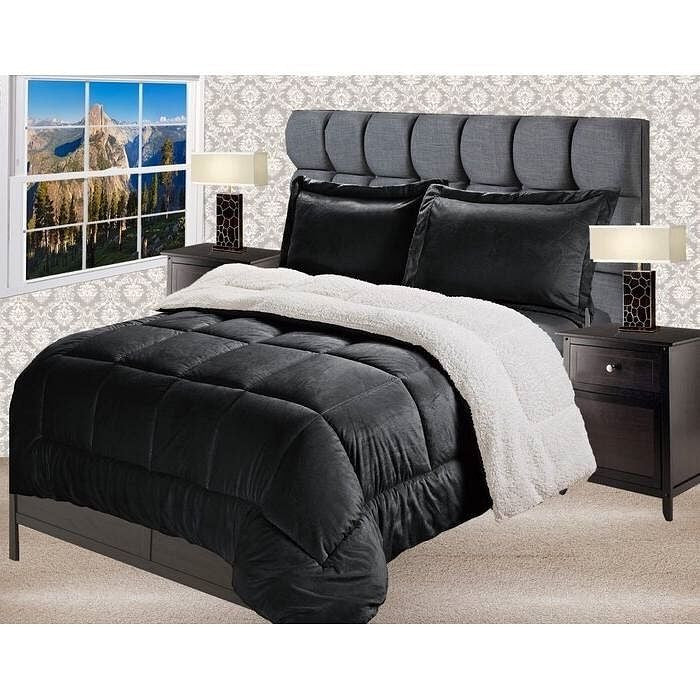 King Size 3 Piece Ultra Soft Sherpa Wrinkle Resistant Comforter Set in Black-1