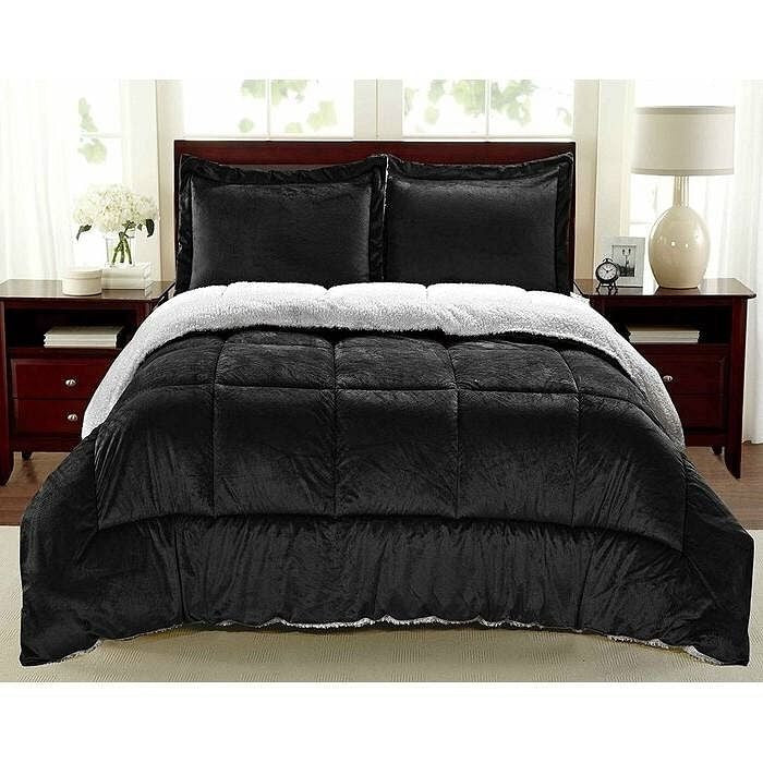King Size 3 Piece Ultra Soft Sherpa Wrinkle Resistant Comforter Set in Black-2