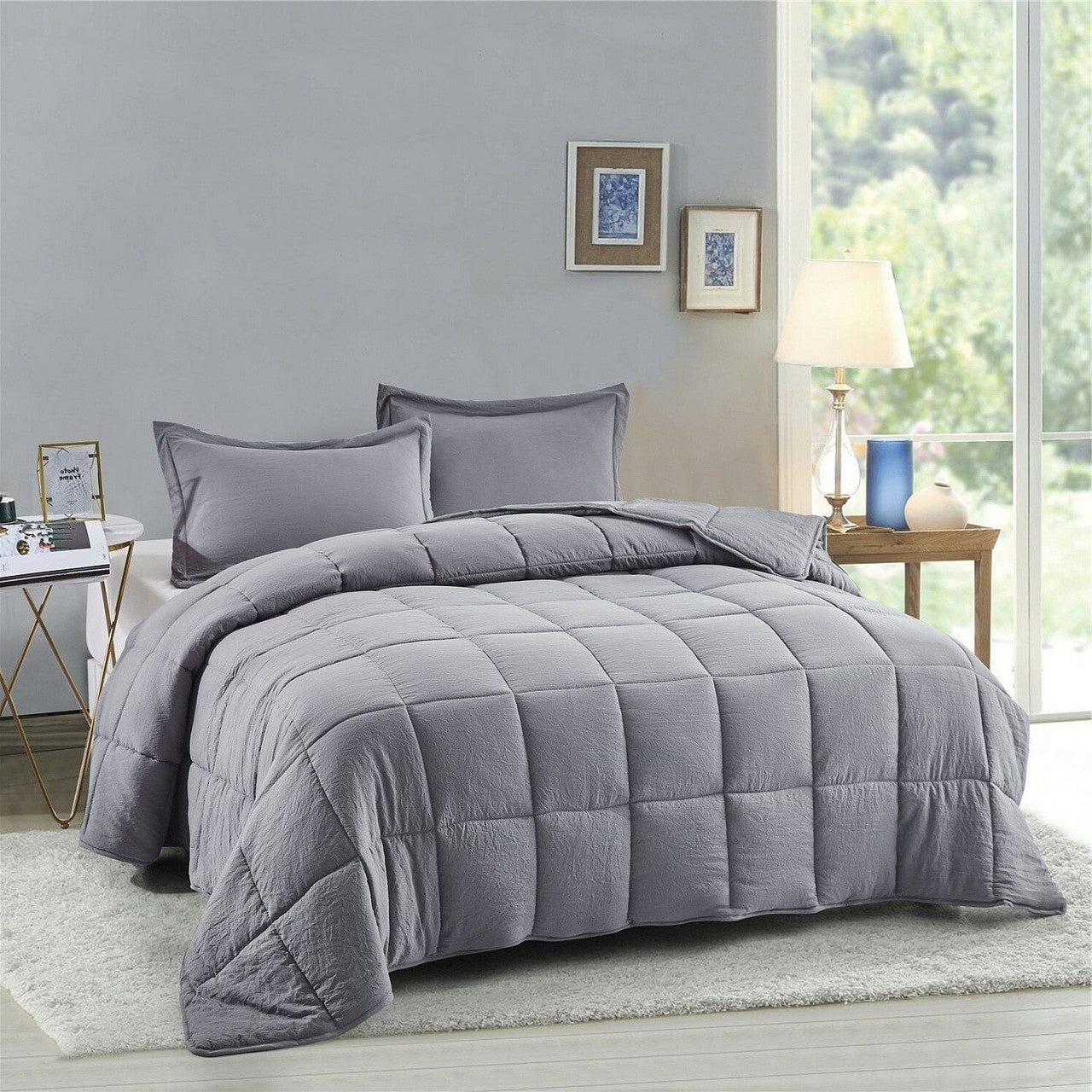 King Size Grey 3 Piece Microfiber Reversible Comforter Set-0
