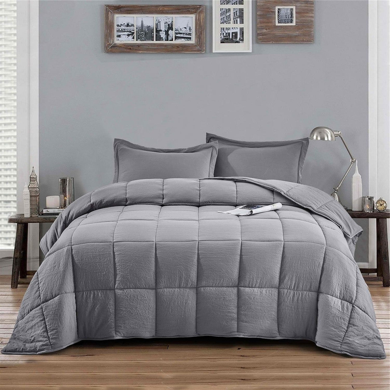 King Size Grey 3 Piece Microfiber Reversible Comforter Set-2