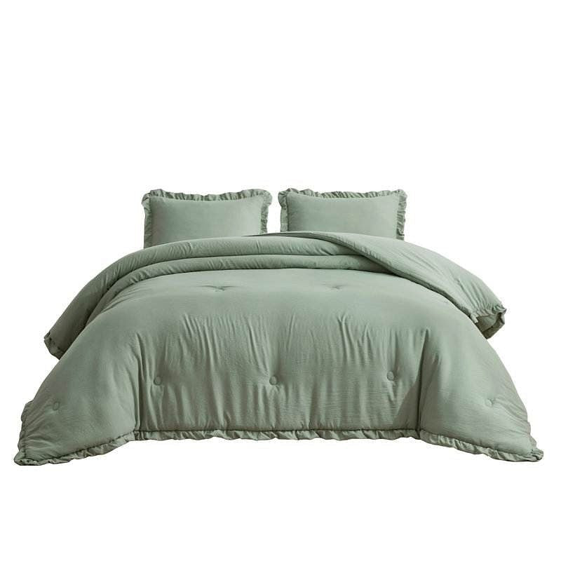 Oversized King Sage Microfiber 3-Piece Comforter Set with Ruffled Edge Trim-2