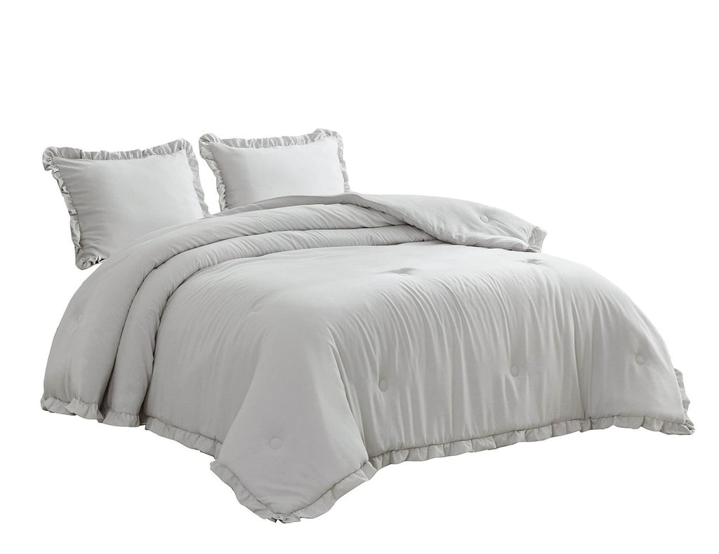 Full Size Grey Stone Washed Ruffled Edge Microfiber Comforter Set-0