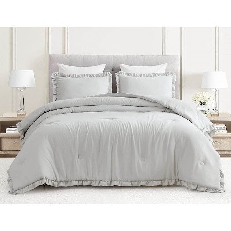 Full Size Grey Stone Washed Ruffled Edge Microfiber Comforter Set-2