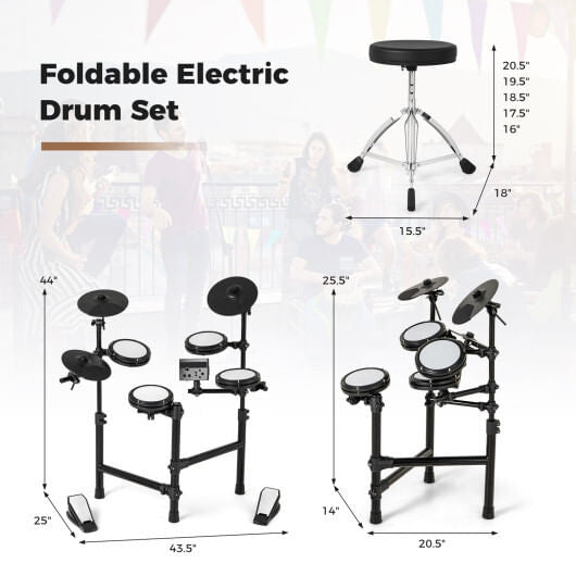 Electric Drum Set Foldable Drum Kit with 10 Demos and USB MIDI and 2 Drumsticks-2