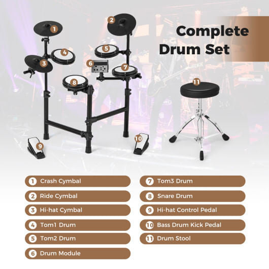 Electric Drum Set Foldable Drum Kit with 10 Demos and USB MIDI and 2 Drumsticks-3