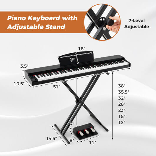 88-Key Keyboard Piano Set with Adjustable Stand-Black-2