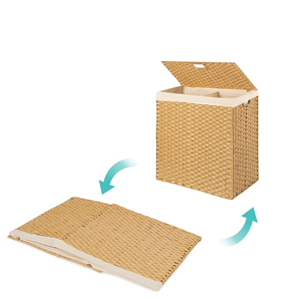 Folding 2-Bin Natural PE Wicker Linen Liner Laundry Hamper w/ Handles-1