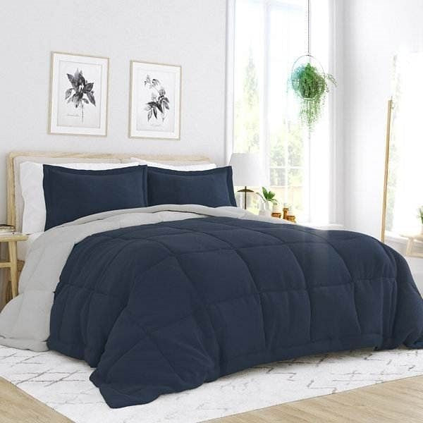 Full/Queen 3-Piece Microfiber Reversible Comforter Set in Navy Blue and Grey-2