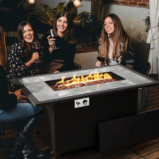 52 Inch Rattan Wicker Propane Fire Pit Table with Rain Cover and Lava Rock-Black-1