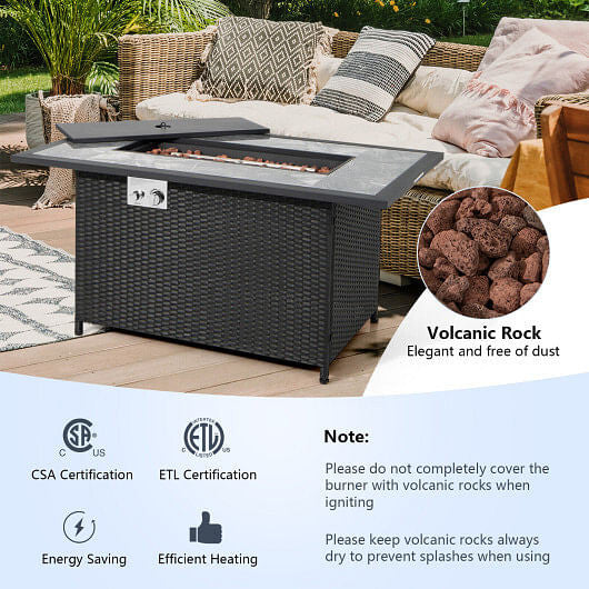 52 Inch Rattan Wicker Propane Fire Pit Table with Rain Cover and Lava Rock-Black-3