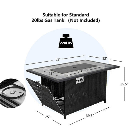 52 Inch Rattan Wicker Propane Fire Pit Table with Rain Cover and Lava Rock-Black-4