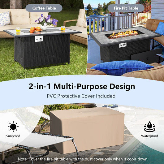 52 Inch Rattan Wicker Propane Fire Pit Table with Rain Cover and Lava Rock-Black-2