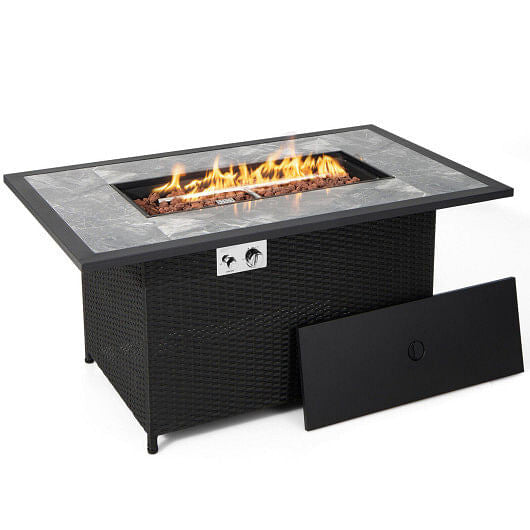 52 Inch Rattan Wicker Propane Fire Pit Table with Rain Cover and Lava Rock-Black-0