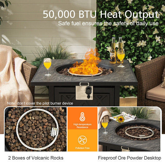 32 Inch Propane Fire Pit Table Square Tabletop with Lava Rocks Cover 50000 BTU-Black-3