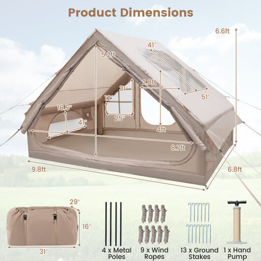 4-6 People Inflatable Camping Tent with Porch and Carrying Bag-Beige-1